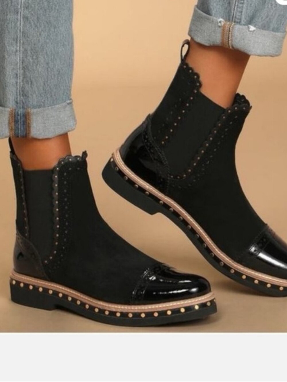 Free People Black Suede Patent Leather Studded Chelsea Ankle Boots 38/ Size 8